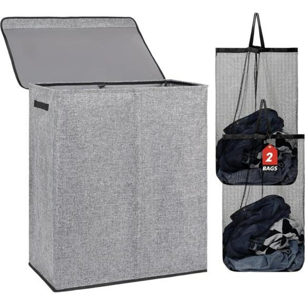 Large Double Laundry Hamper with Lid Removable Bags for Bedroom Bathroom